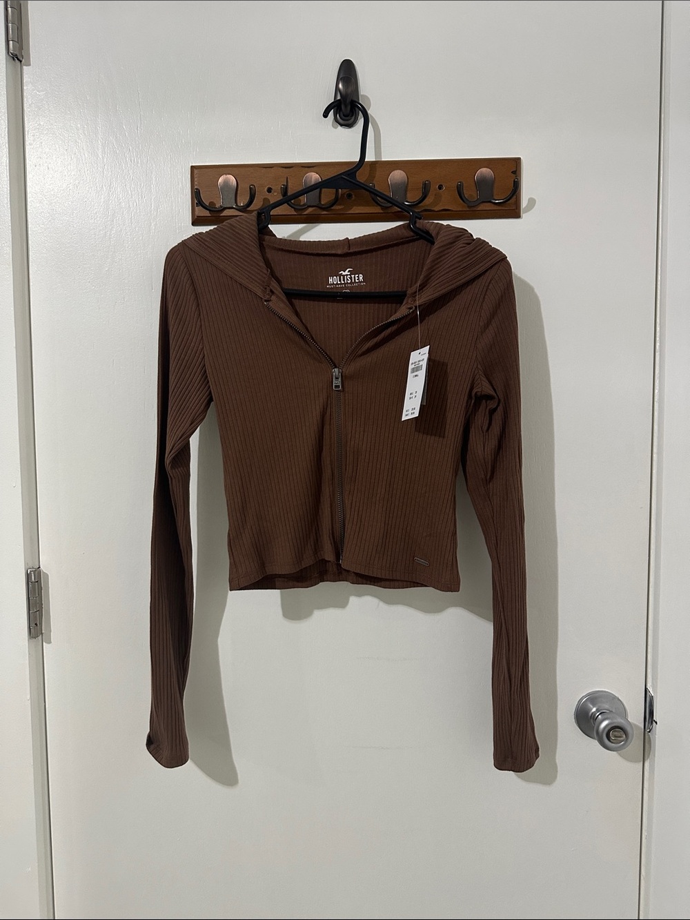 Hollister Brown Ribbed Cropped Zip Hoodie